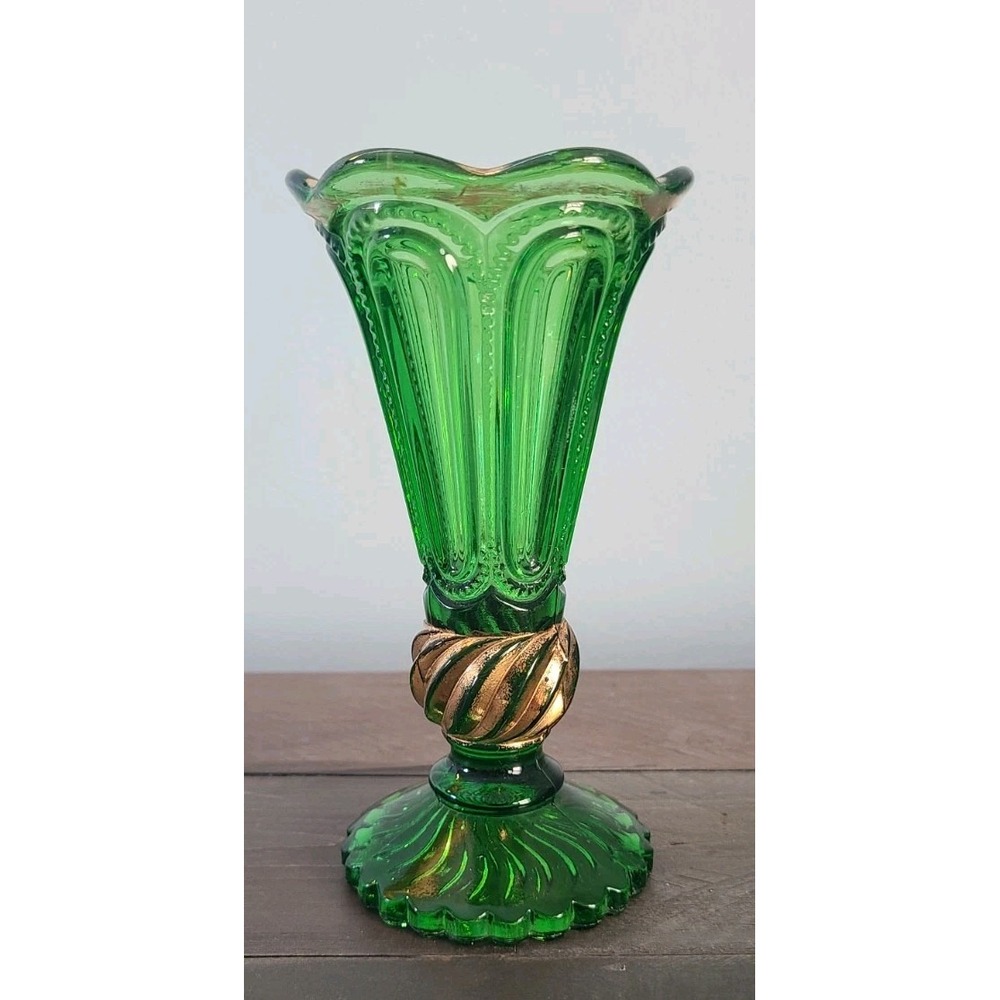 Antique Green Pressed Glass Vase 6"‎ Gold Detail Scroll